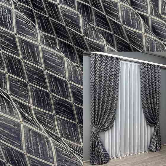 Комплект готових штор VR-Textil Жакард RUBI № 1758ш Темно-синій з молочним 100х300 см 2 шт (31-816) Київ