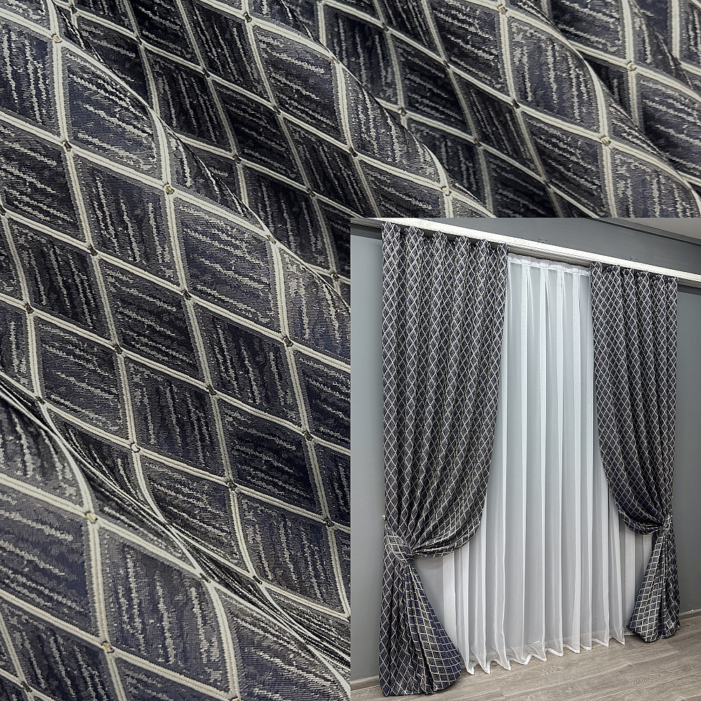 Комплект готових штор VR-Textil Жакард RUBI № 1758ш Темно-синій з молочним 100х300 см 2 шт (31-816) Київ - фото 1