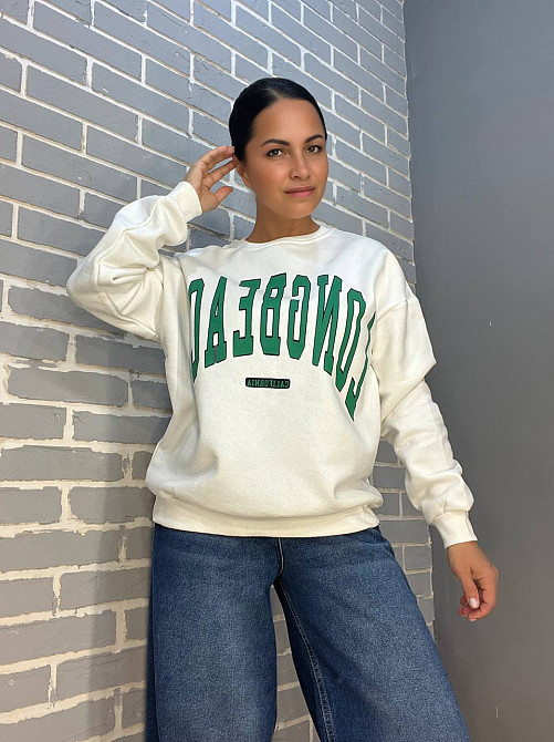 Світшот жіночий Quzen 488 напис попереду long beach фліс утеплений білий, білий, M Київ - фото 1