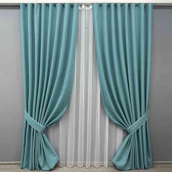 Комплект штор VR-Textil 100% блекаут ASHEN NIGHT 200х270 2шт і Тюль 500х270 1846ш-1153т лазурний з білим 71-089/6 Київ