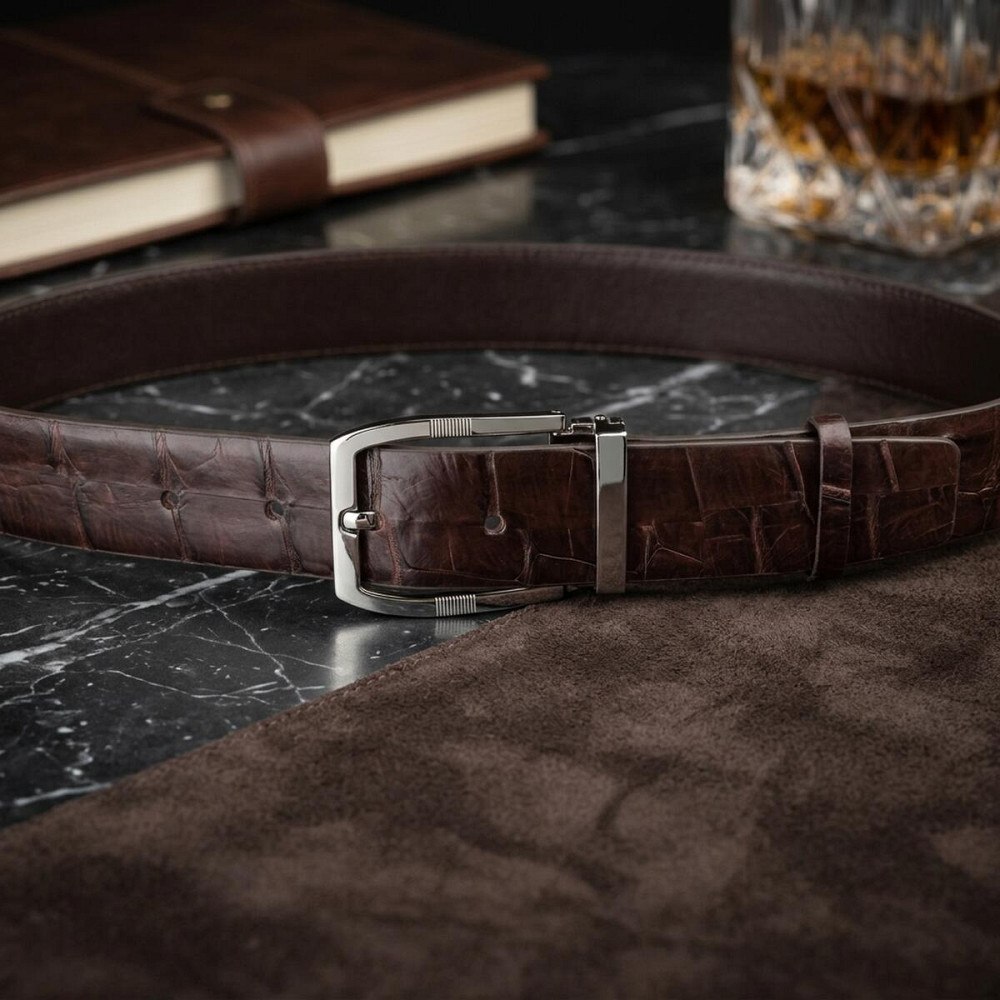 Ремінь чоловічий CROCODILE LEATHER 18178 з натуральної шкіри крокодила Коричневий Київ - фото 7