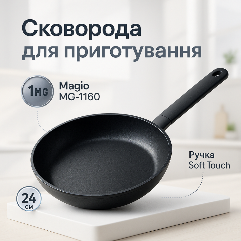 Стильная черная сковорода для кухни MAGIO MG-1160 24 см, Алюминиевая сковорода для готовки на индукции AI-40 Львов - изображение 17