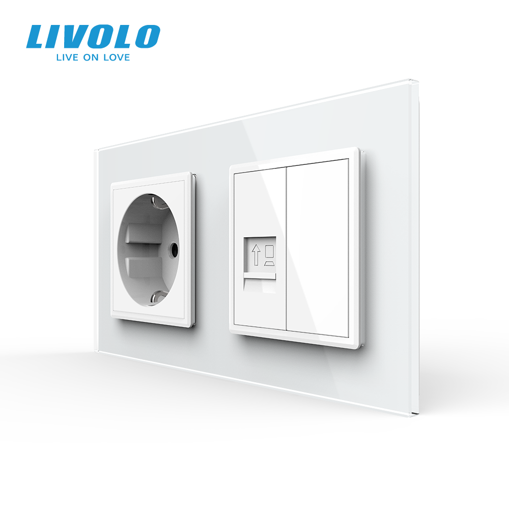 LIVOLO Розетка двомісна комбінована Силова Інтернет Livolo білий скло (VL-C7C1EUK01C-11) Коломия - фото 1