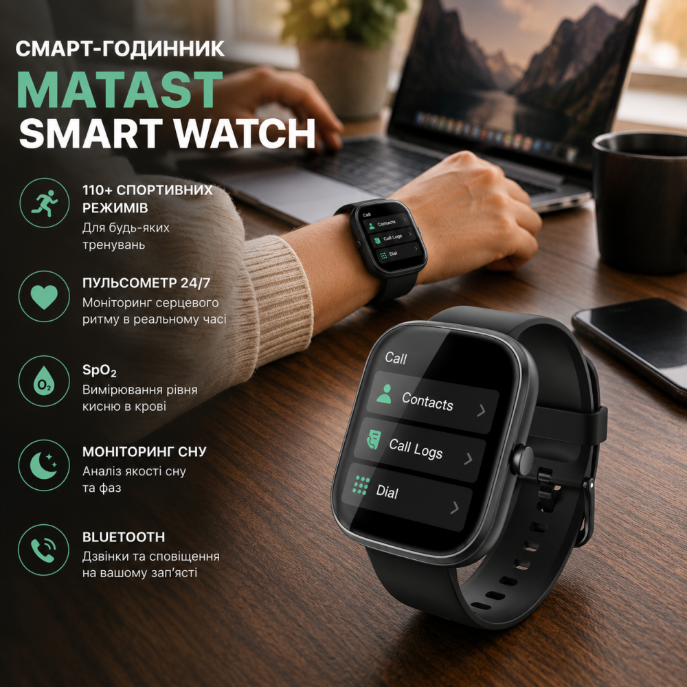 Смарт-годинник Matast Smart Watch 1.91", 110+ спортивних режимів, пульсометр, SpO2, моніторинг сну, Bluetooth Київ - фото 3