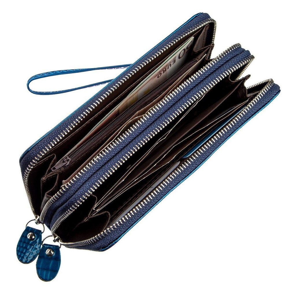 Кошелек женский из экокожи на две молнии лаковый KIVI Хамелеон 19022 Синий Киев - изображение 3