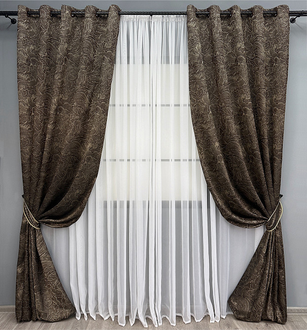 Комплект штор на люверсах VR-Textil Жаккард Fantasy № 1630ш Шоколадный с бежевым 150х280 см 2 шт (37-0187) Киев - изображение 2