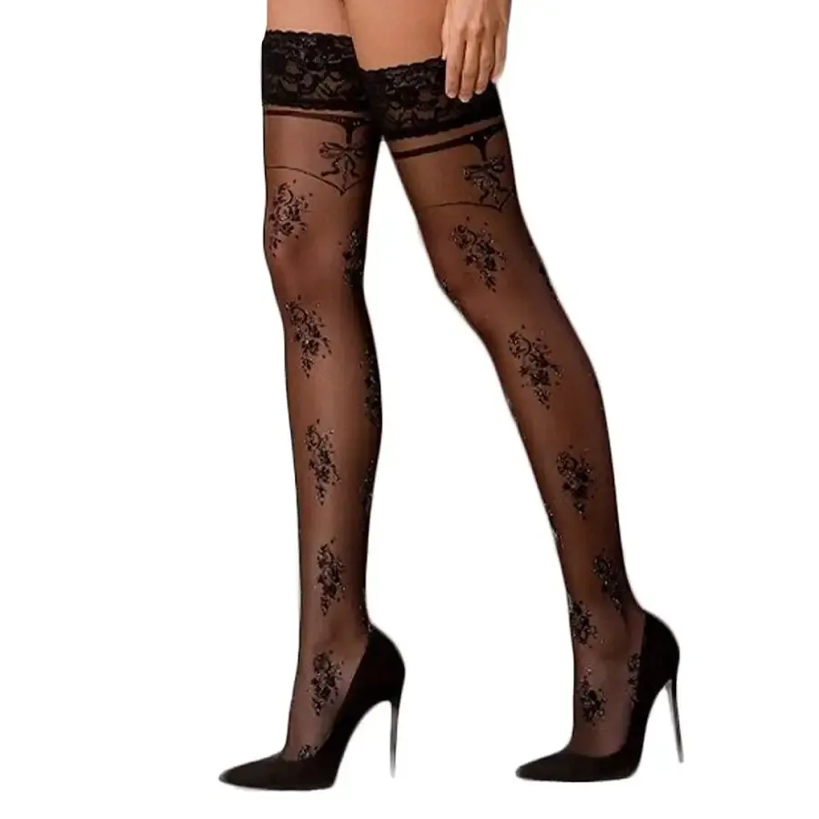 Панчохи Passion ST119 5 black на ажурній силіконовій резинці з квітковим декором і люрексовою ниткою Львів - фото 1