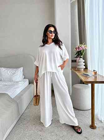 Жіночий легкий костюм оверсайз: футболка та штани жаті шовк Молочний, Oversize Одеса