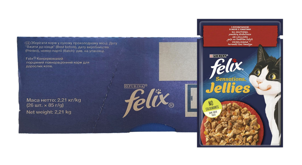 Влажный корм Феликс Felix Sensations Jellies для кошек кусочки с говядиной и томатами в желе (блок 26 шт × 85 г) Винница - изображение 1