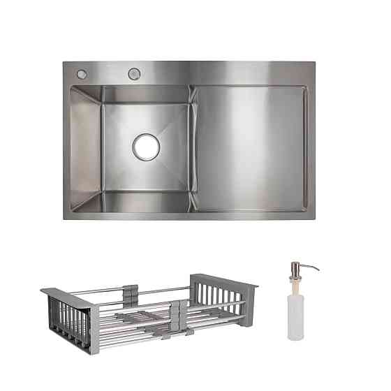 Комплект Lidz Handmade H7849R Мойка для кухни интегрированная крыло справа Brushed в комплекте с дозатором + Lidz K01G Корзина для Киев