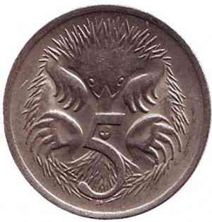 Ехидна. Монета 5 центов. 1969-80 год, Австралия..(БЖ) Полтава