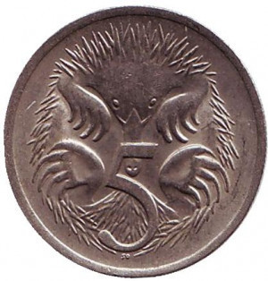 Єхидна. Монета 5 центів. 1973,80 рік, Австралія..(БЖ) Полтава - фото 1