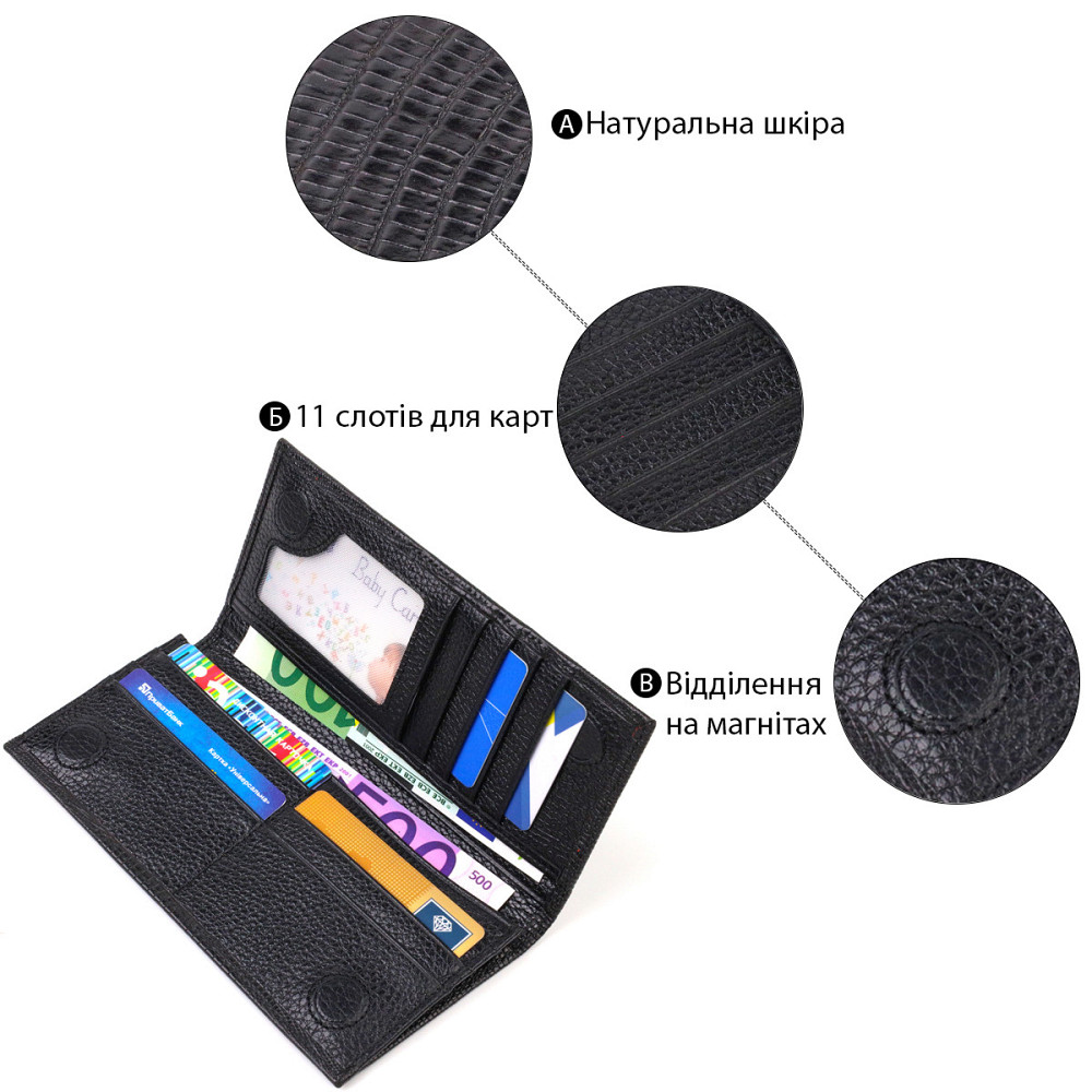 Фактурный мужской вертикальный бумажник из натуральной кожи с тиснением CANPELLINI 21906 Черный Киев - изображение 4