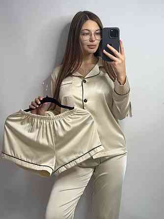 Комплект шовковий трійка сорочка з шортами і штанами Молочний XL Харків