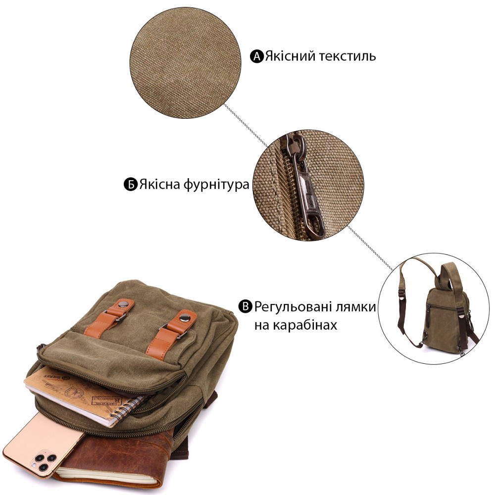 Сумка-рюкзак в стиле милитари с двумя отделениями из плотного текстиля Vintage 22163 Оливковый Киев - изображение 4
