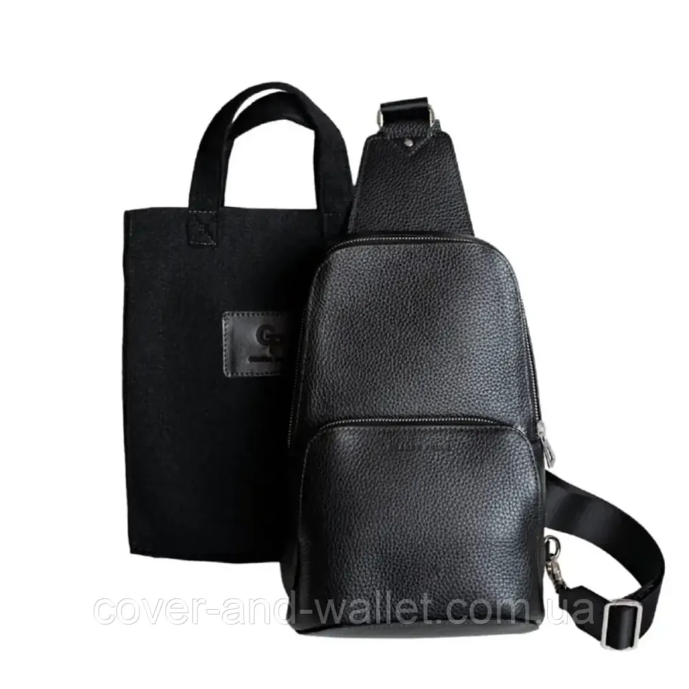 Мужская нагрудная сумка слинг из натуральной кожи черного цвета Grande Pelle 723710 Киев - изображение 9
