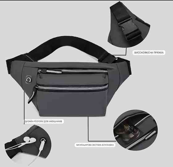 Сумка-бананка на пояс 3 кармана с отверстием для наушников унисекс 32 на 12 см синий Киев