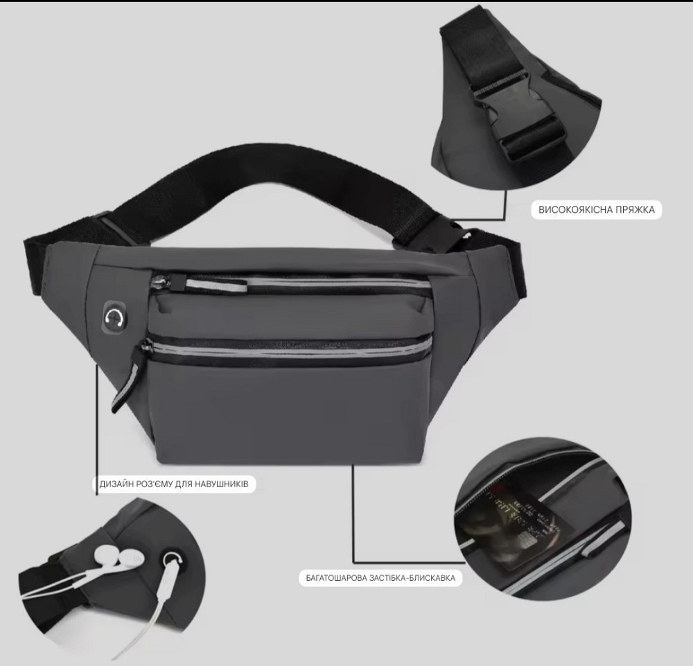 Сумка-бананка на пояс 3 кармана с отверстием для наушников унисекс 32 на 12 см синий Киев - изображение 5