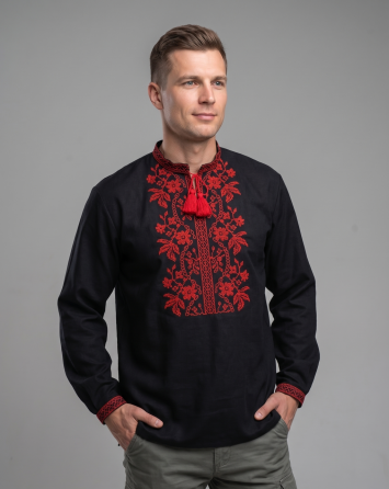 Мужская вышиванка черного цвета на домотканом полотне 54 Киев
