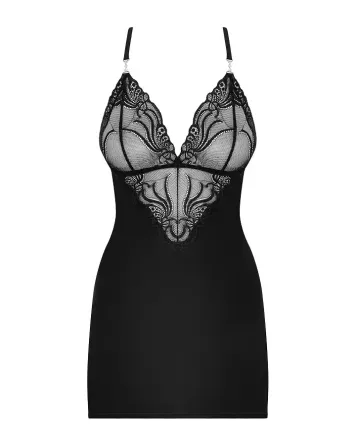 Сатиновий комплект для сну з мереживом Obsessive 828-CHE-1 chemise & thong L/XL, чорний, сорочка Львов
