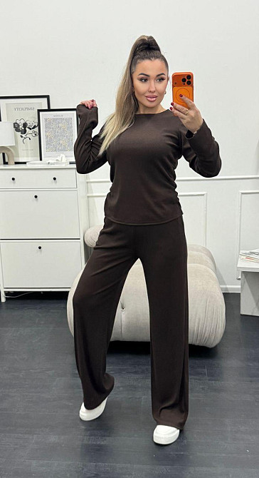 Женский базовый костюм двойка: лонгслив и штаны трикотажный рубчик Шоколадный, 46/48 Одесса - изображение 5