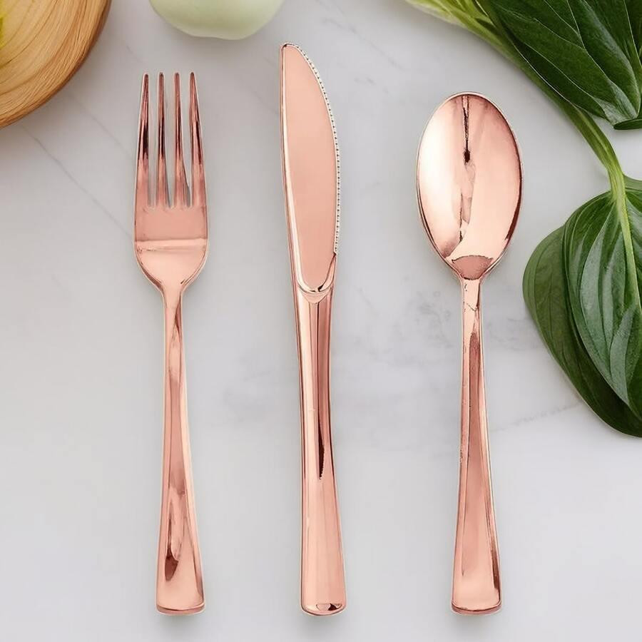Набор пластиковых столовых приборов 18 шт качественных (ножи,вилки, ложки).Многоразовая посуда, розовое золото Каменец-Подольский - изображение 2