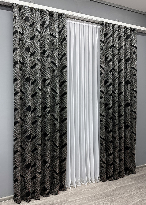Комплект готовых штор VR-Textil Жаккард Mystery № 1629ш Серый с черным 150х290 см 2 шт (33-0523) Киев - изображение 4