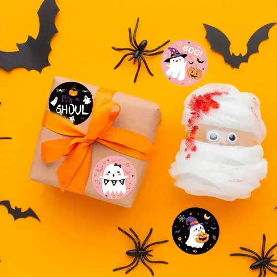 Набор стикеров для Хэллоуина 500 шт – розовые наклейки «BOO», 8 уникальных дизайнов Киев