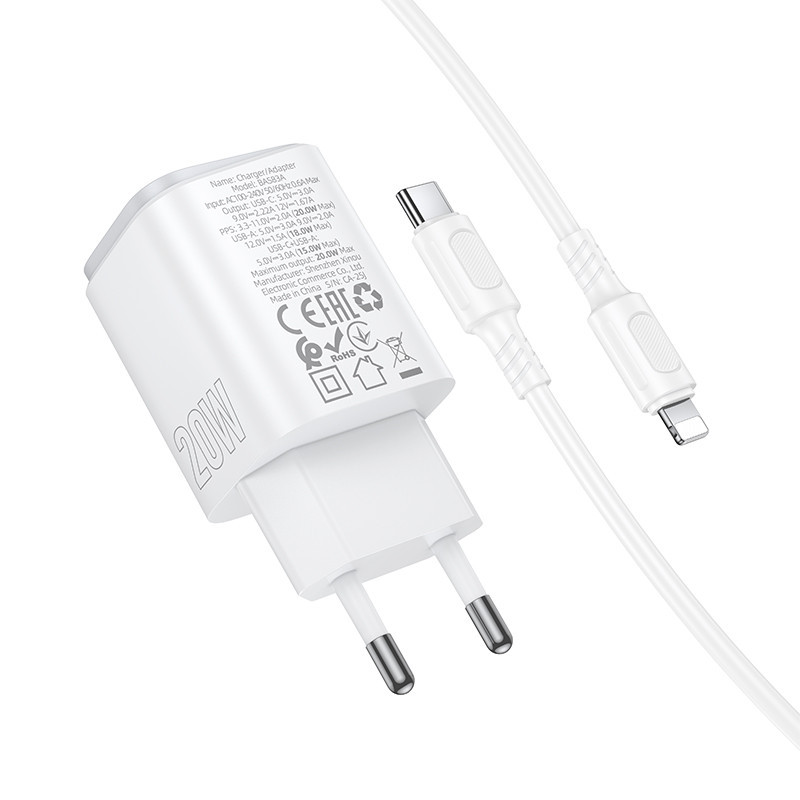 Мережевий зарядний пристрій з кабелем BOROFONE BAS83A Star PD20W+QC3.0 charger set (C to iP) (EU) White Одеса - фото 5