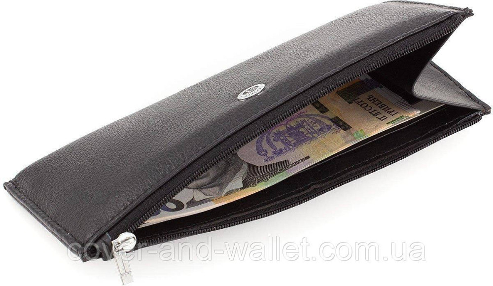Тонкий шкіряний гаманець купюрнтик чорного кольору на блискавці ST Leather 025 Київ - фото 7