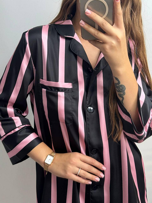 Ночная сорочка на пуговицах сатиновая Черно-розовая полоска XL Харьков - изображение 4