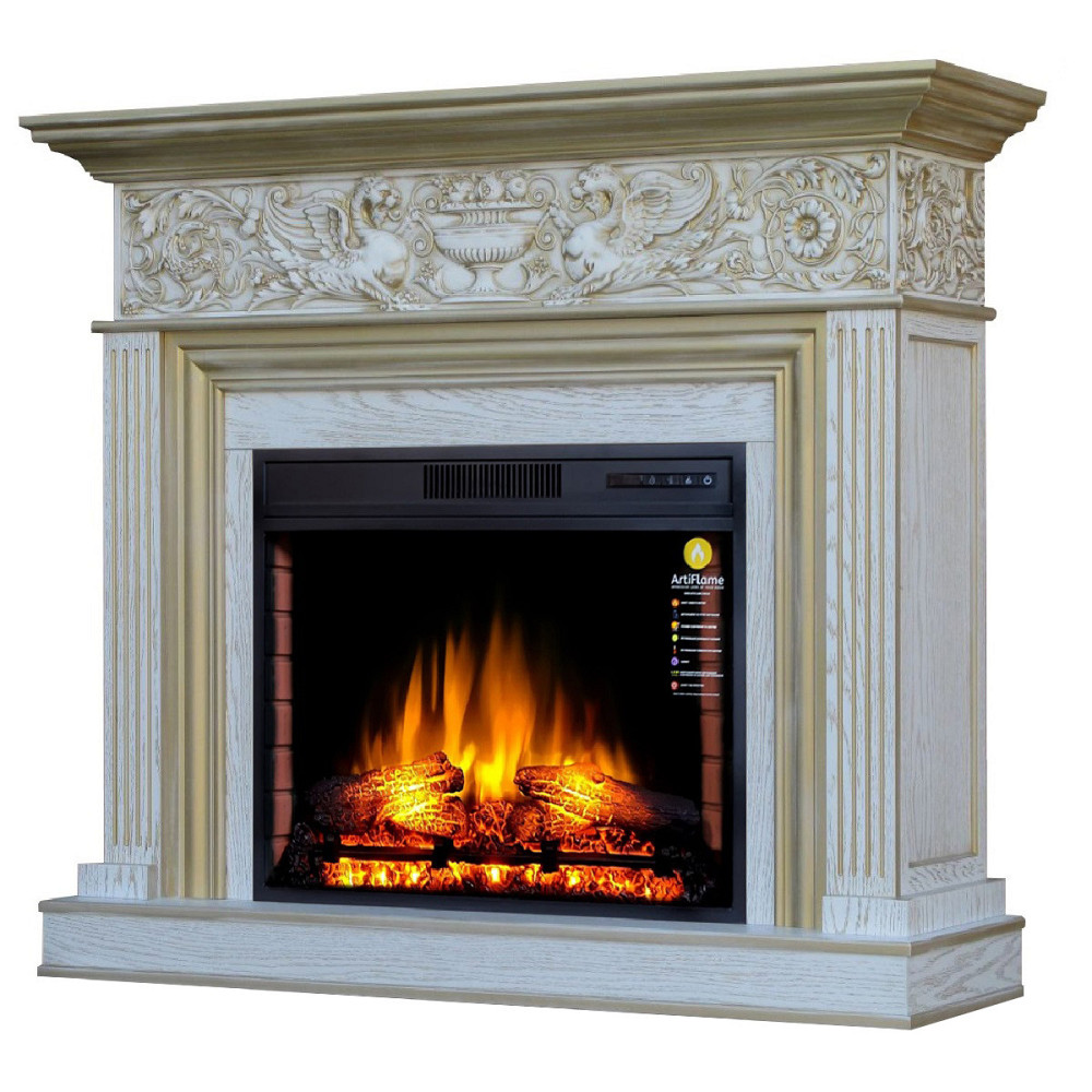 Каминокомплект ArtiFlame RESIDENCE AF28S БЕЛЫЙ ДУБ БЬЯНКО, ПАТИНА ЗОЛОТО (со звуком) Львов - изображение 2