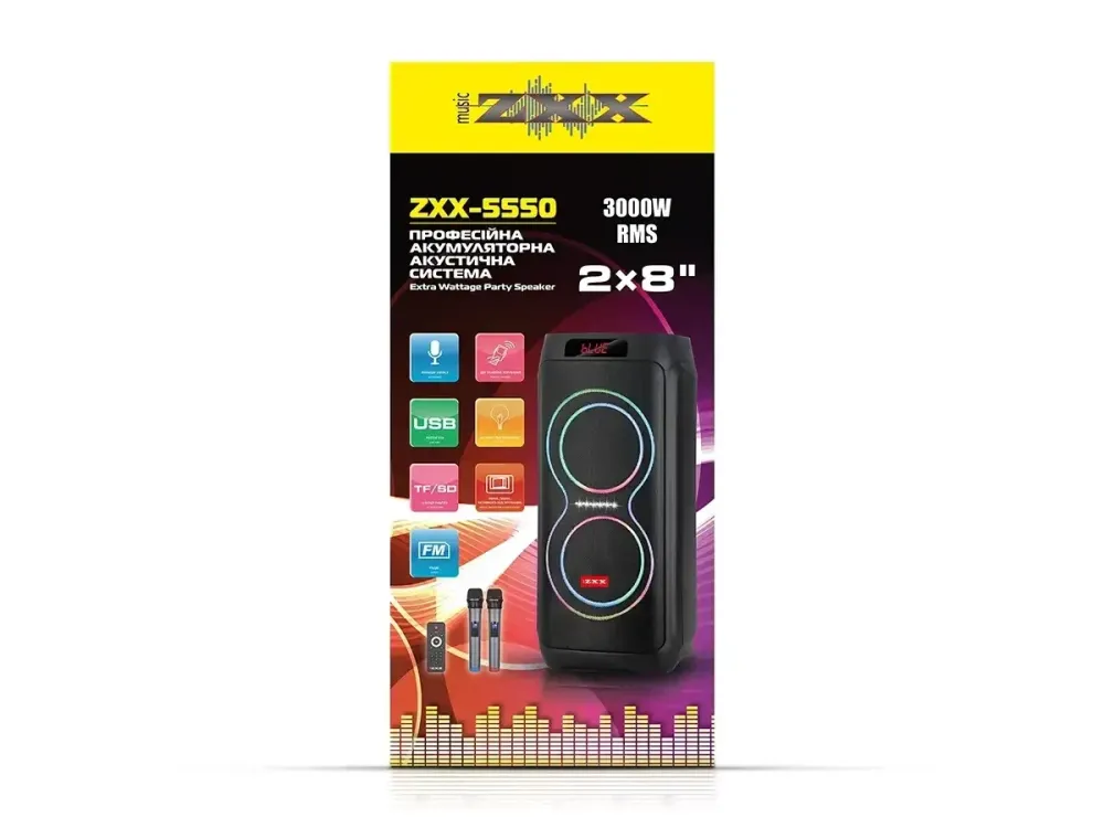 Портативна акустична колонка ZXX-5550 80Вт 2x8" TWS/FM/USB/TF/BT/LED/2MIC караоке Одеса - фото 2