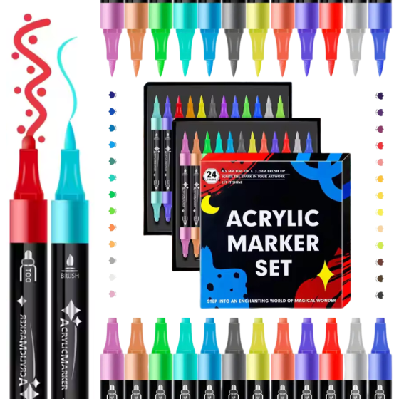 Акрилові маркери, 24 кольори, двосторонні, для малювання на склі, дереві, тканині, якісні маркери Кам'янець-Подільський