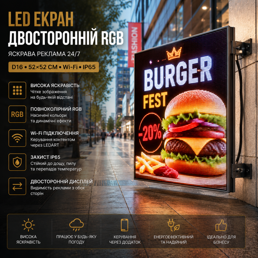 Б/В Світлодіодний RGB екран D16 двосторонній 52×52 см, Wi-Fi, IP65, LED рекламний дисплей для вулиці, підтримка LEDART Київ - фото 7