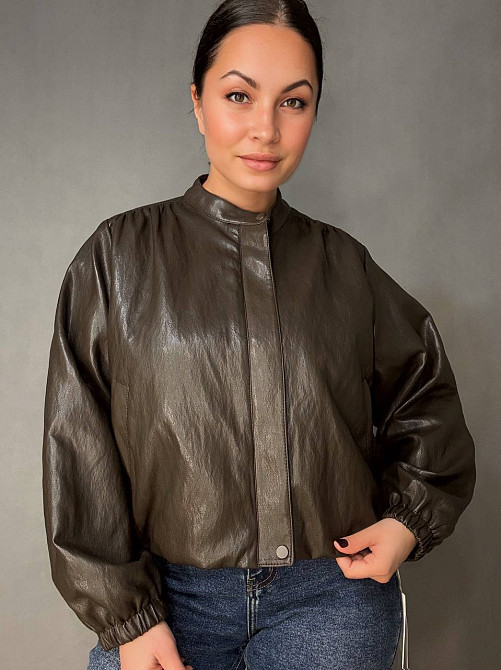 Куртка жіноча Ou Mai 3351 з екошкіри бомбер на блискавці комір-стійка оверсайз коричнева, коричневий, XL Київ - фото 1