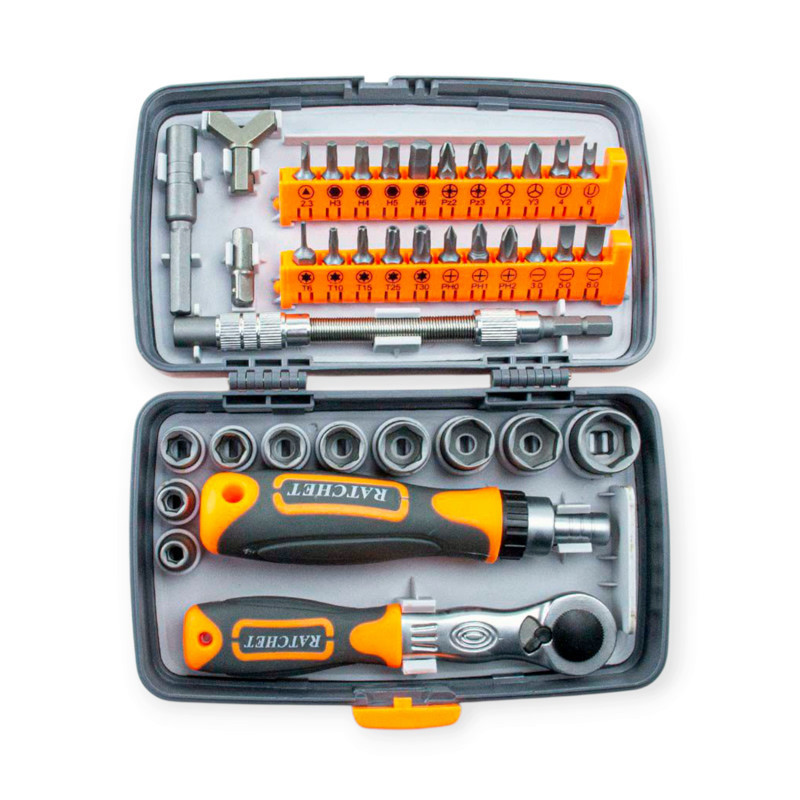 Викрутка з бітами та головками 1/4" 38 шт CrV тріскачкова, подовжувачі, тріскачка (футляр) Мукачево - фото 1