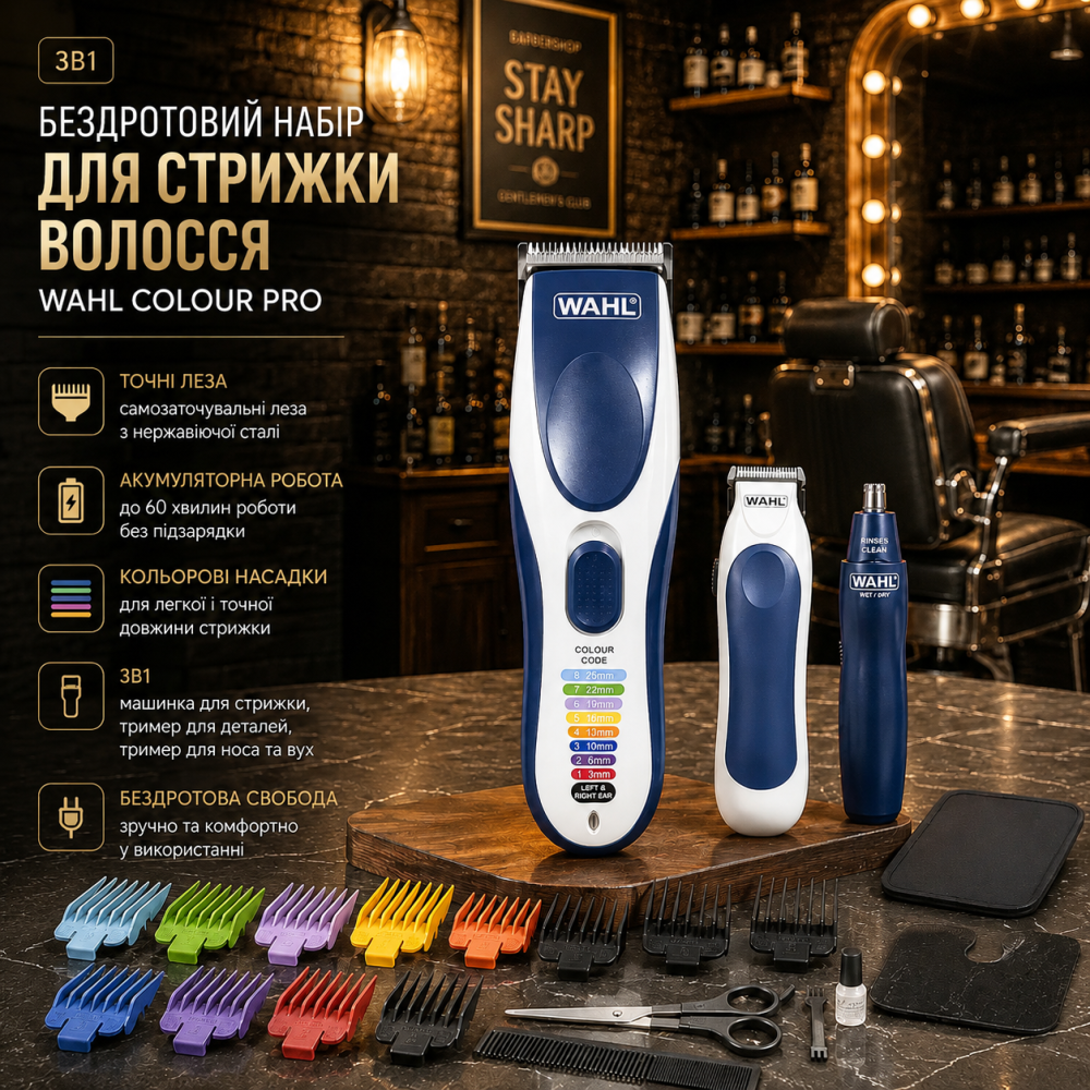 Бездротовий набір для стрижки Wahl Colour Pro 3-в-1, акумуляторна машинка для стрижки, тример для носа та вух, кольорові насадки Київ - фото 10