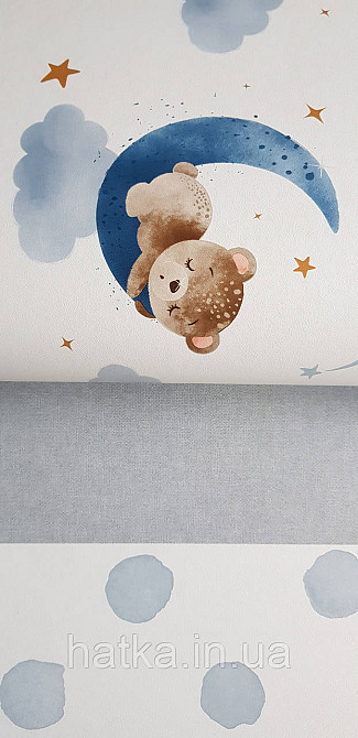 Шпалери флізелінові еко Rasch Kids World II 0.53х10 дитячі хмари зірки ведмедики блакитні на білому Київ - фото 3
