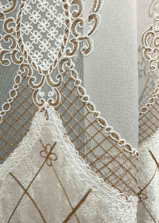 Тюль VR-Textil 1813т Бамбук с вышивкой и бархатом Айвори с бежевым 300х270 см (40-112) Киев