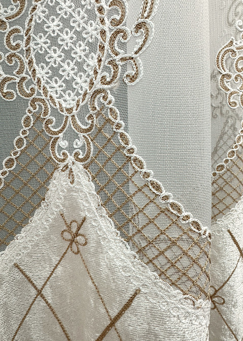 Тюль VR-Textil 1813т Бамбук с вышивкой и бархатом Айвори с бежевым 300х270 см (40-112) Киев - изображение 6