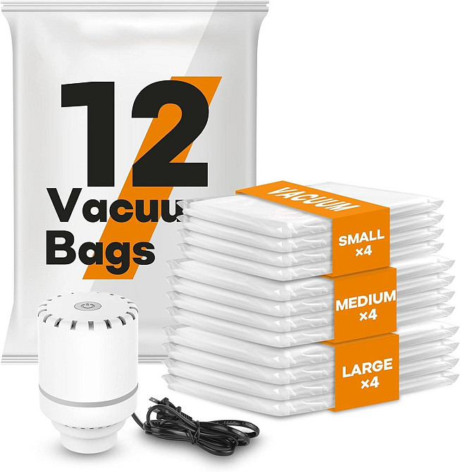 Вакуумные пакеты VMstr W309-12C Белый 12 шт (4 S/4 M/4 L) с электрическим насосом, герметичные мешки для Киев - изображение 1