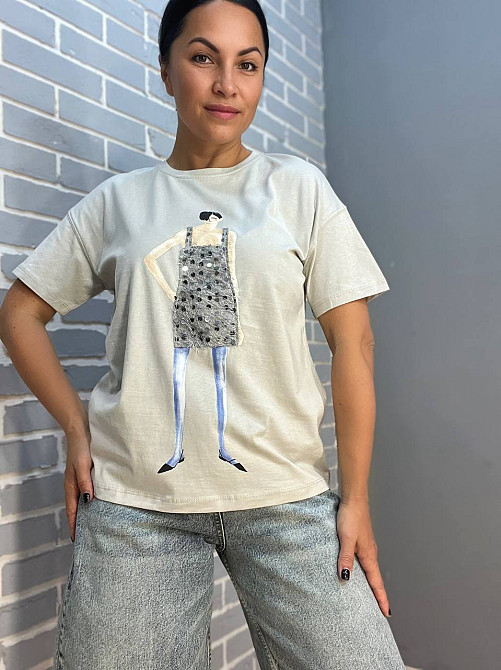 Футболка женская Pepper&mint 24-65 рисунок девушка блестки светло серая, светло-серый, L Киев - изображение 1