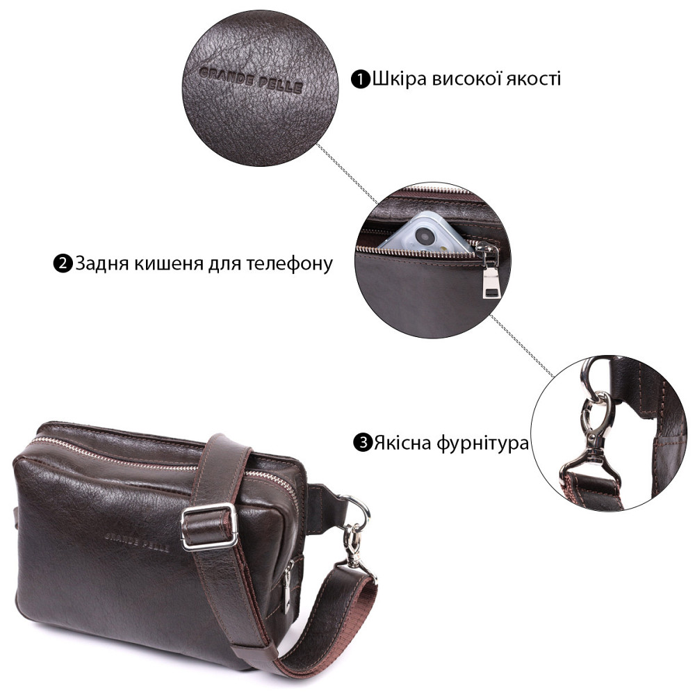 Прямоугольная сумка бананка из качественной натуральной кожи GRANDE PELLE 22575 Коричневый Киев - изображение 3