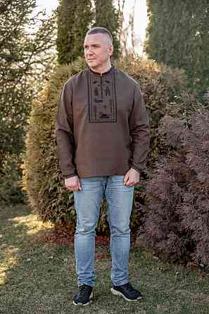 Вышиванка мужская с длинным рукавом хаки льон, рубашка мужская с вышивкой льняная вышиванки и рубашки мужские Киев