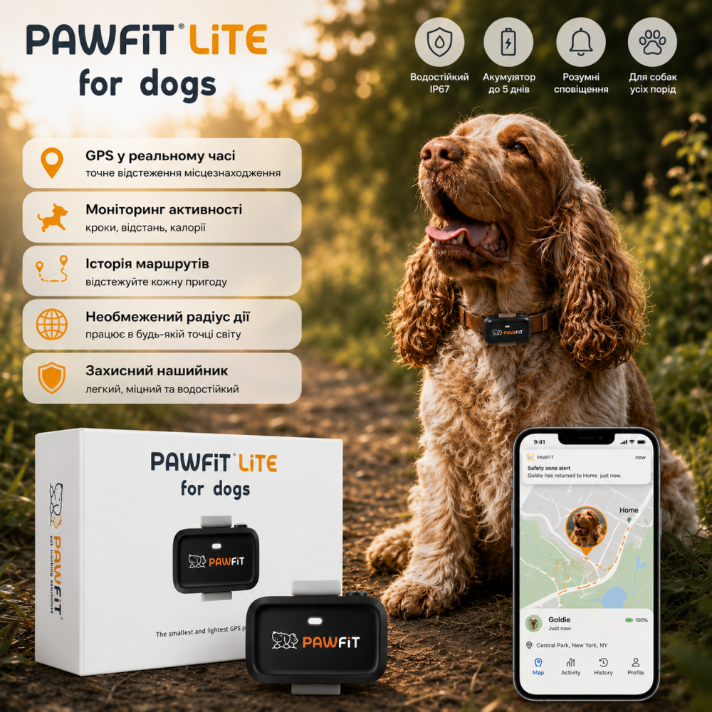 GPS-трекер Pawfit Lite 4G для собак Black Onyx, GPS в реальном времени, мониторинг активности, история маршрутов, неограниченный Киев - изображение 1