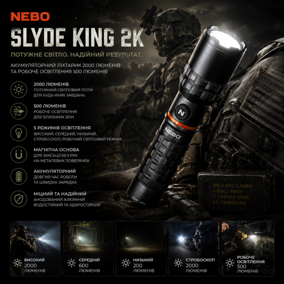Акумуляторний ліхтар Nebo Slyde King 2K Сталево-сірий: тактичний світлодіодний ліхтарик 2000 лм, магнітний, IP67 Київ