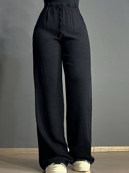 Брюки жіночі 0712 жатка палаццо на резинці чорні , чорний, M Київ - фото 4