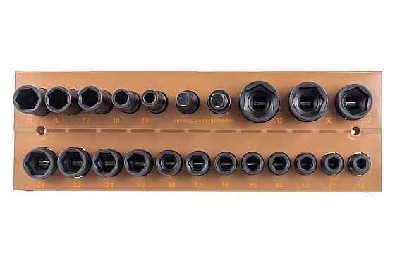 Набір головок ударних 22пр. 1/2" 6-гранна (10,12-19, 21, 22, 24, 27, 30, 32мм; глибокі - 10,13,17,19,21мм; подовжувач - 75мм; Одеса