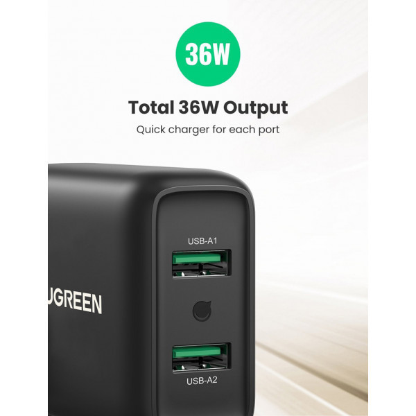 Зарядний пристрій 2xUSB 36W (USB A QC 3.0) Fast Charger чорний CD161 Ugreen (10216) Київ - фото 6